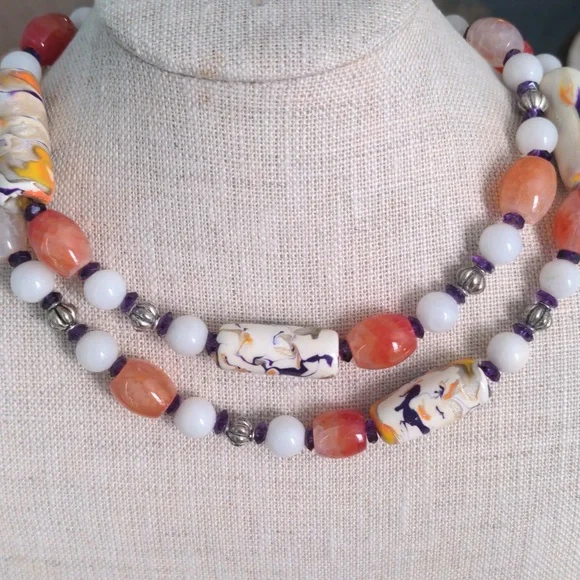 Multi Gem Long Beaded Necklace, Artisan, Unique, Amethyst, Agate, Silver, 32" - Picture 1 of 7